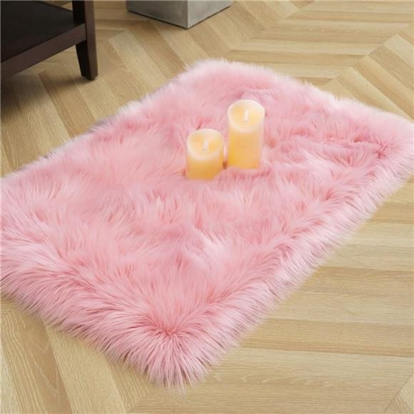 Soft Fluffy Pink Faux Fur Rugs for Bedroom Bedside Rug 2x3 Feet, Washable, Furry - Picture 5 of 7